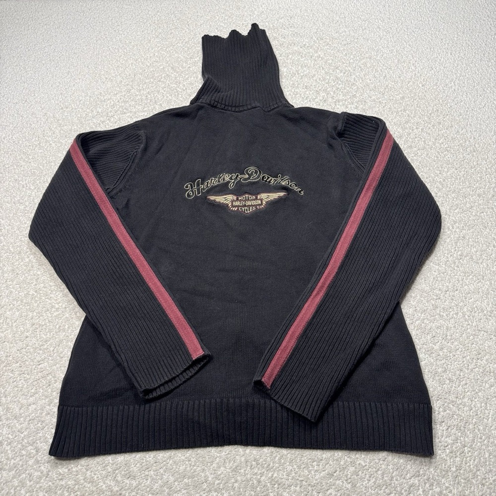 Harley Davidson Women Sweater Black Full Zip Embroider Biker Knit Ribbed Sz XL